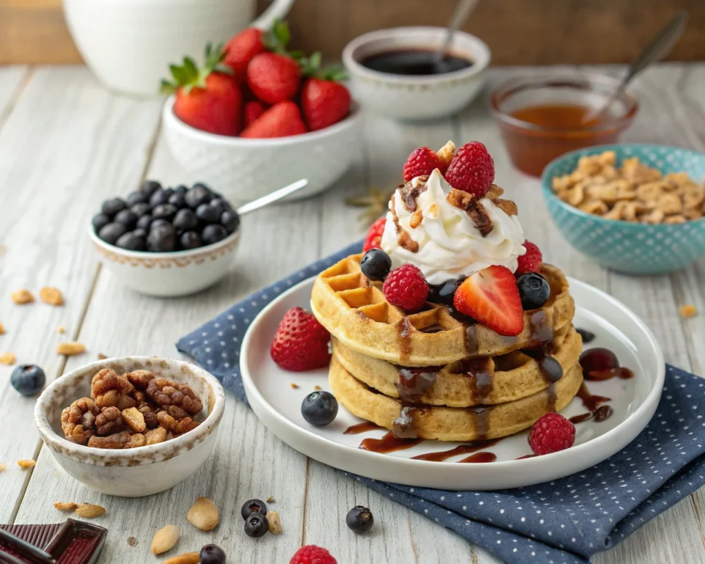Stack of mini waffles topped with fresh berries, whipped cream, and syrup on a rustic table.