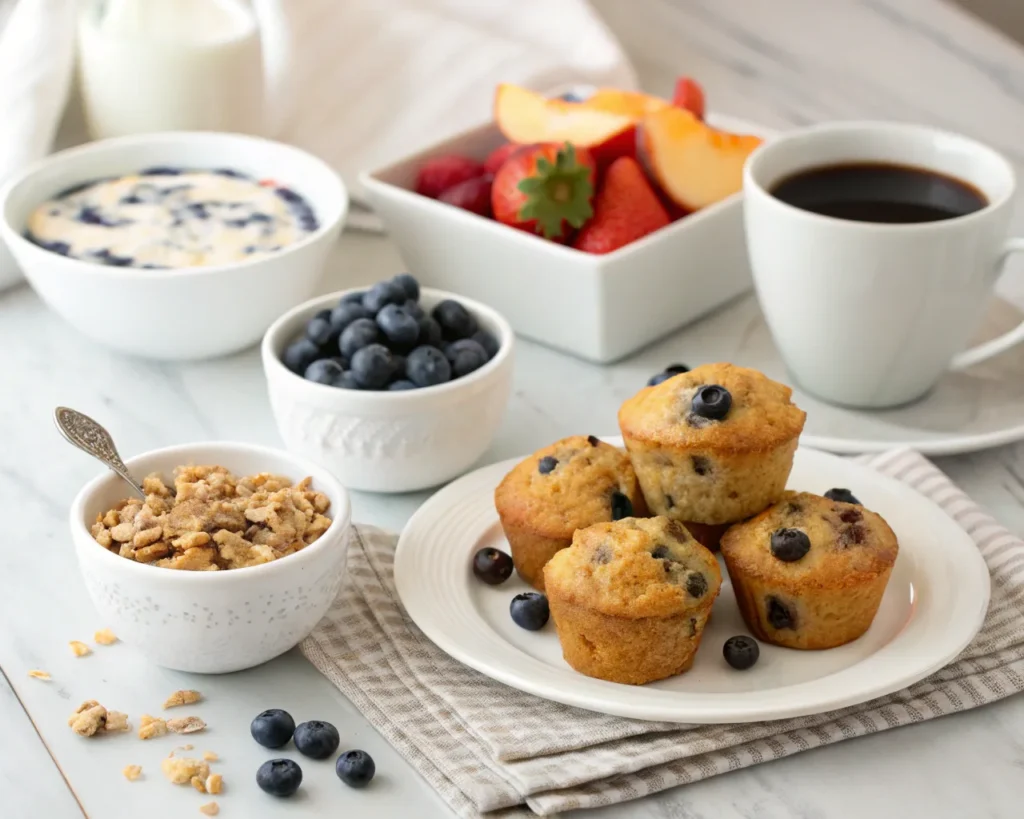 Mini blueberry muffins served with yogurt, granola, fresh fruit, and a cup of coffee on a breakfast table.