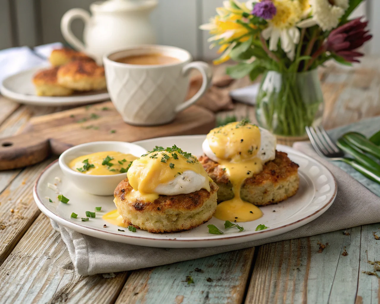 Crab cake eggs benedict on a wooden table with hollandaise sauce and brunch decor.