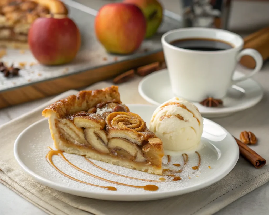 Slice of cinnamon roll apple pie served with vanilla ice cream and caramel drizzle, paired with coffee.