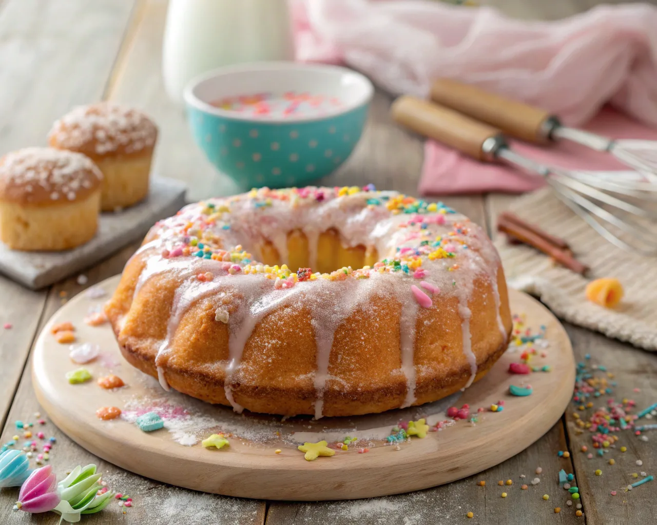 Golden-brown donut cake with a glossy glaze on a rustic wooden table, surrounded by sprinkles and baking tools.