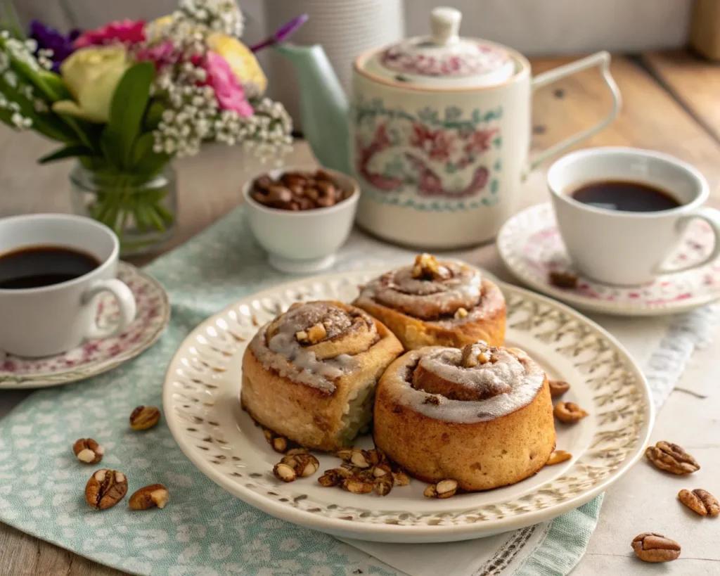 Banana bread cinnamon rolls served on a decorative plate, drizzled with glaze, and paired with coffee on a brunch table.