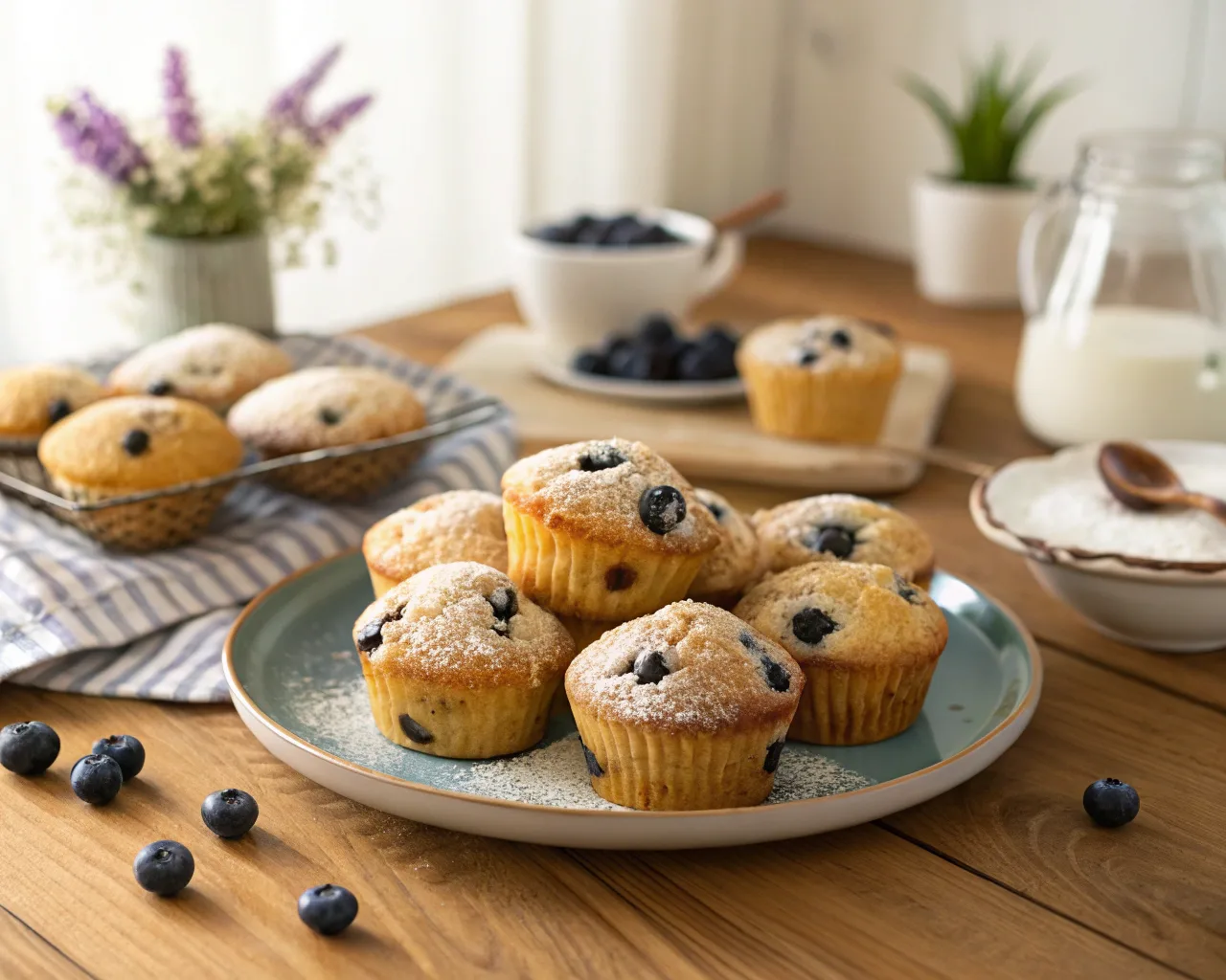 Freshly baked mini blueberry muffins on a wooden table with sunlight streaming through a window.