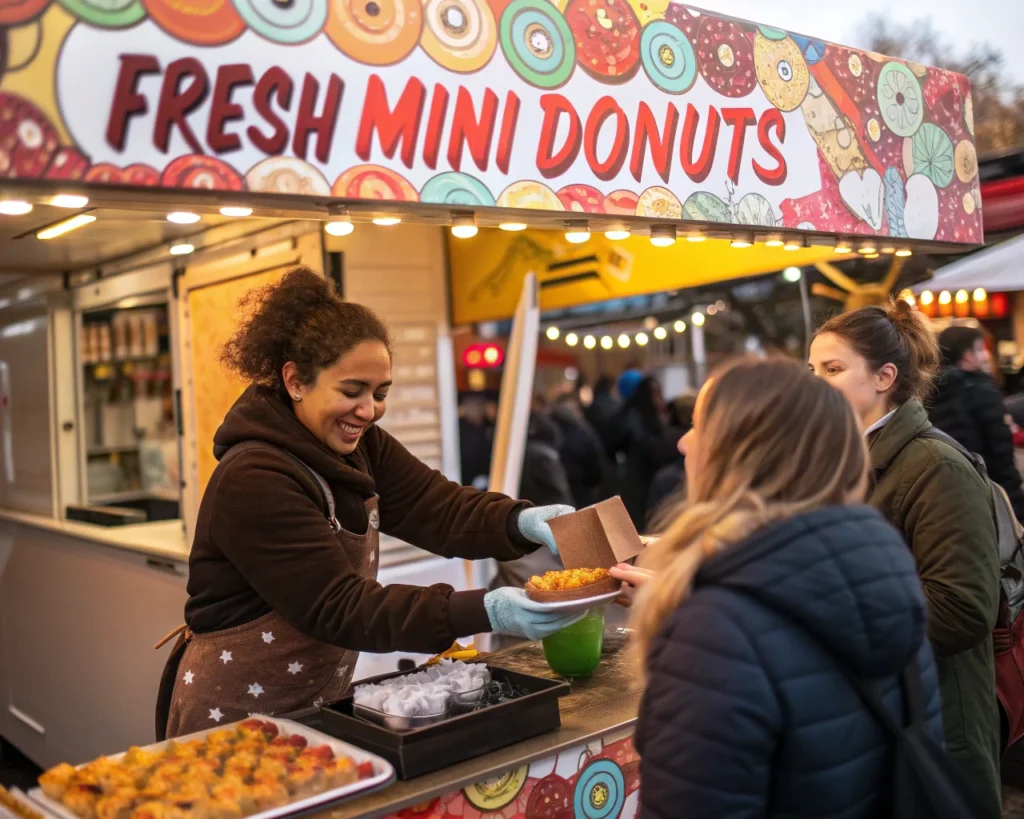 A food truck vendor serving fresh mini donuts in branded packaging to a smiling customer at a busy market.