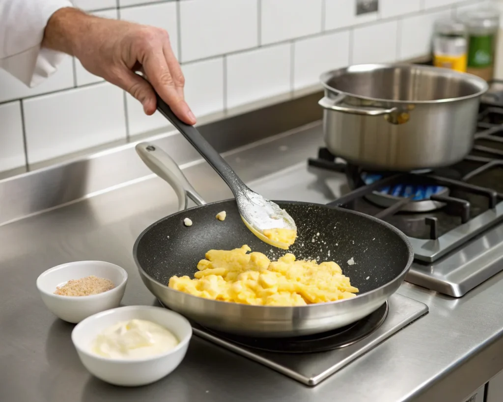 Eggs being whisked with heavy cream in a bowl, ready to be cooked in a skillet.