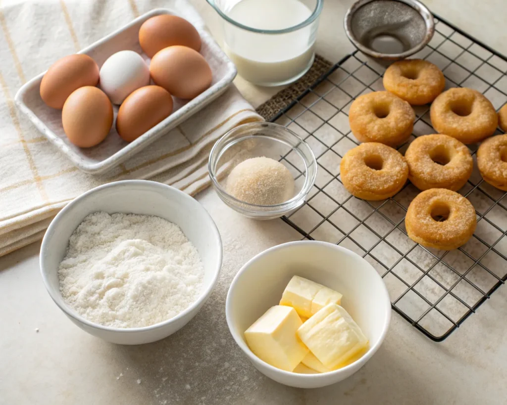 Affordable homemade mini donuts on a cooling rack with bowls of flour, sugar, eggs, and butter on a kitchen counter.