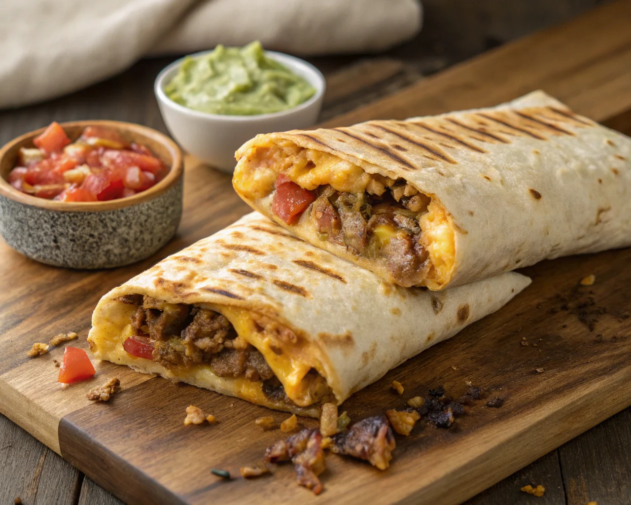 Close-up of a grilled cheese burrito sliced in half with melted cheese and seasoned beef filling.