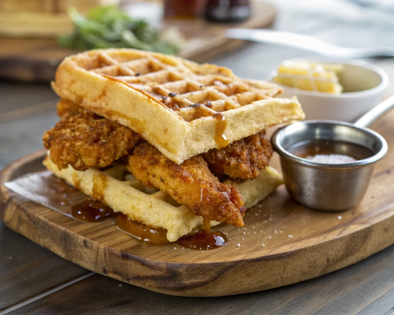 Close-up of a gourmet chicken and waffle sandwich with syrup and honey butter.