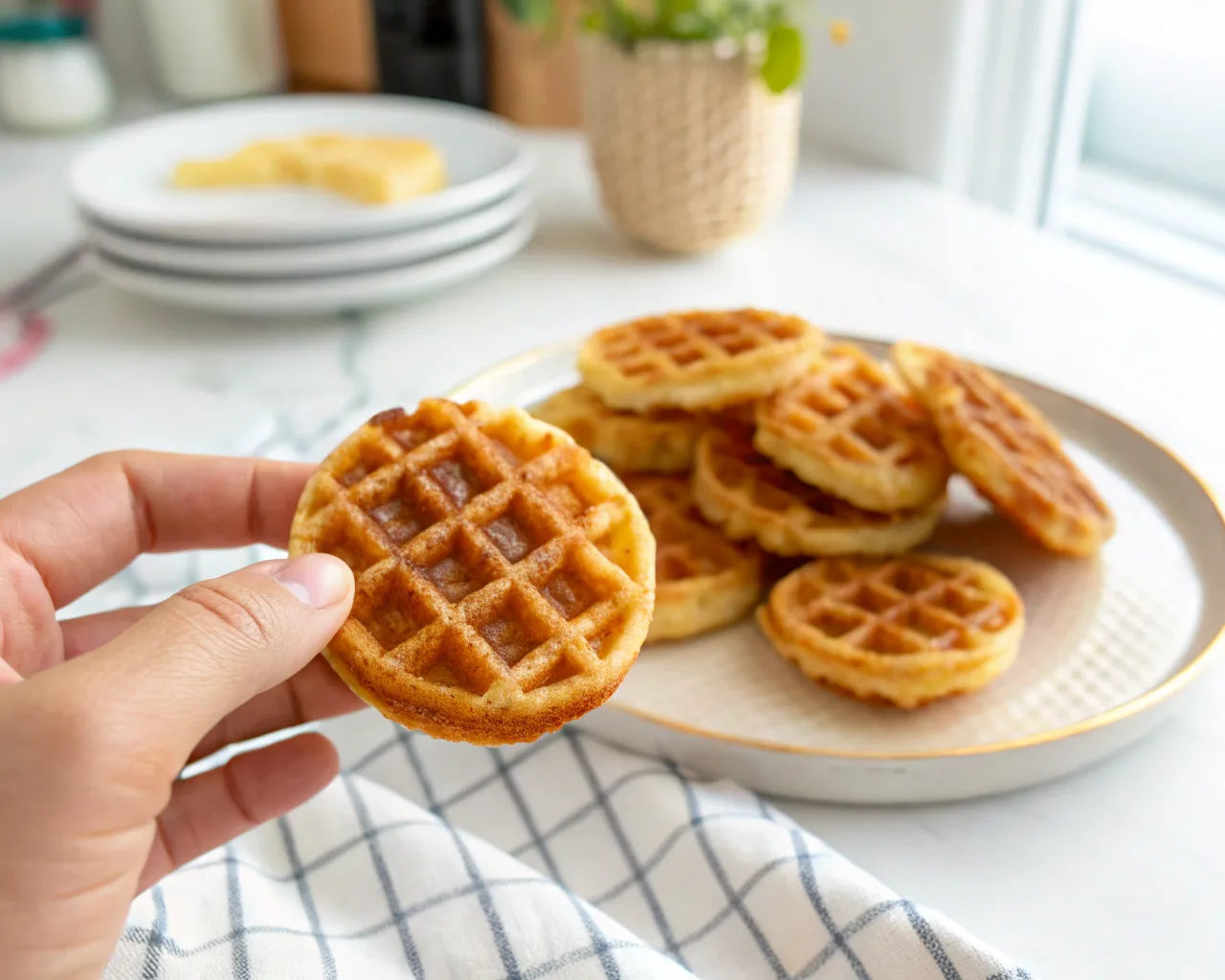 Hand holding a golden-brown mini waffle, 3 to 4 inches in size, in a bright kitchen.