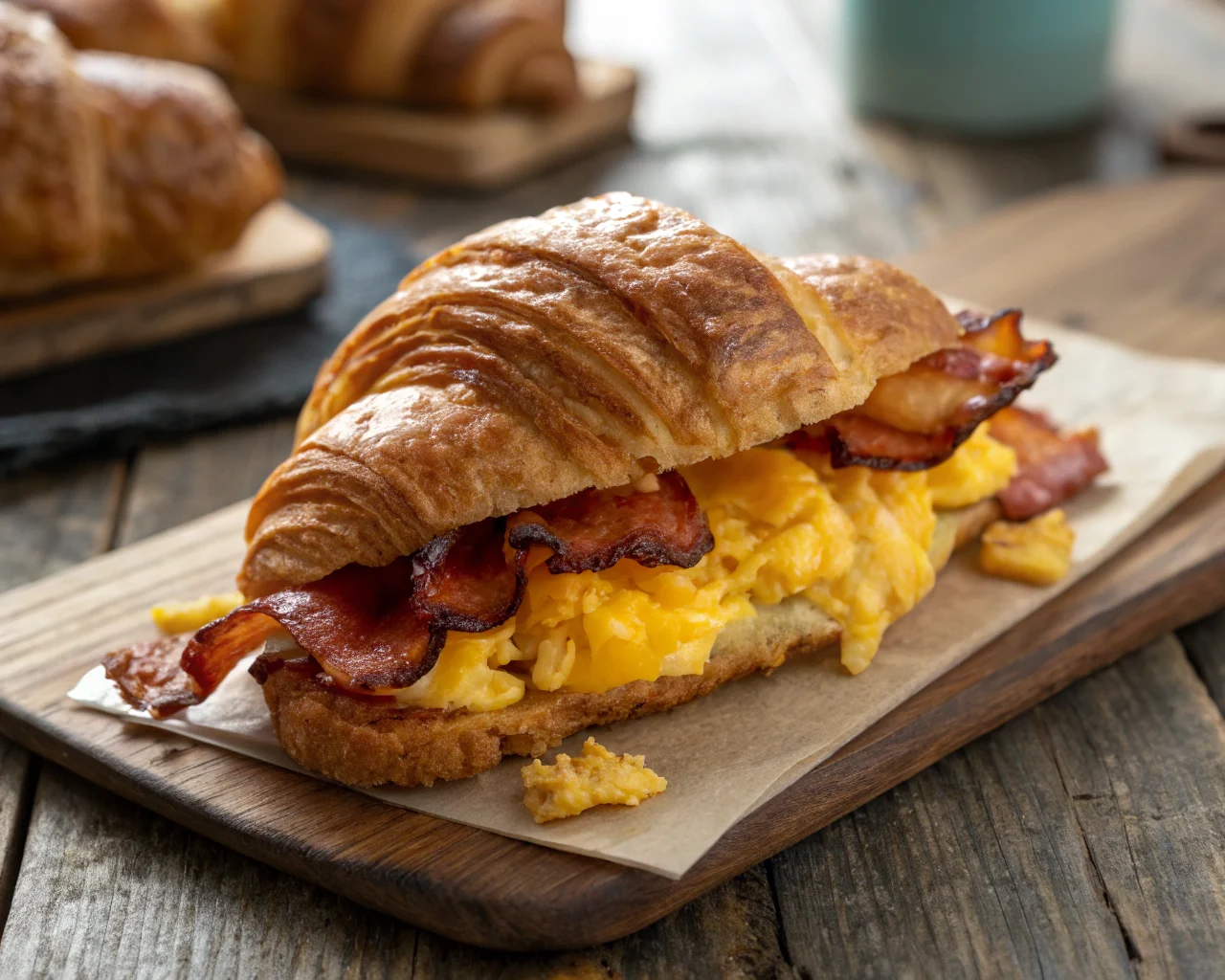 Freshly baked bacon egg and cheese croissant with crispy bacon, fluffy eggs, and melted cheese on a rustic wooden table.