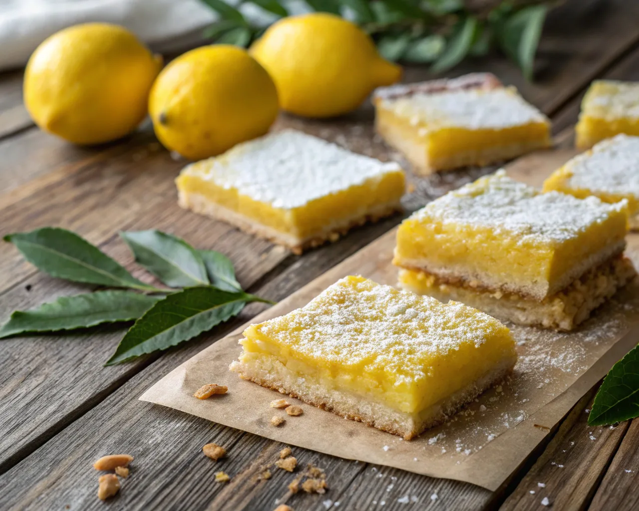 Freshly baked gluten free lemon bars with golden crust and lemon filling, dusted with powdered sugar.