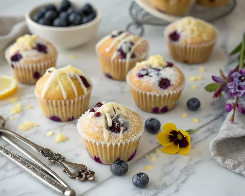 Mini blueberry muffins decorated with lemon glaze, powdered sugar, edible flowers, and cream cheese frosting.