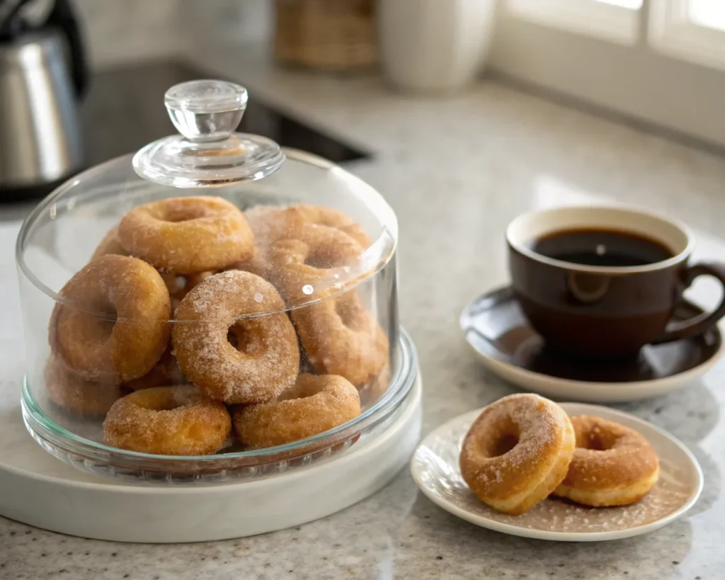 Fresh mini donuts stored in an airtight glass container next to a plate of donuts and a cup of coffee.