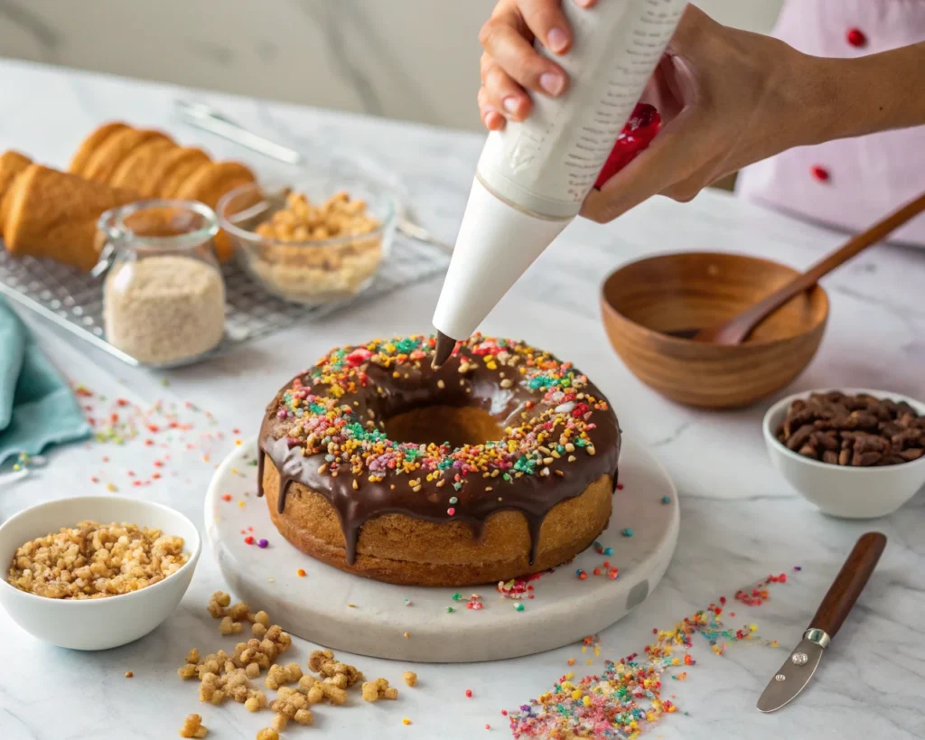 Close-up of chocolate glaze being drizzled over a donut cake with sprinkles and nuts ready for decoration.