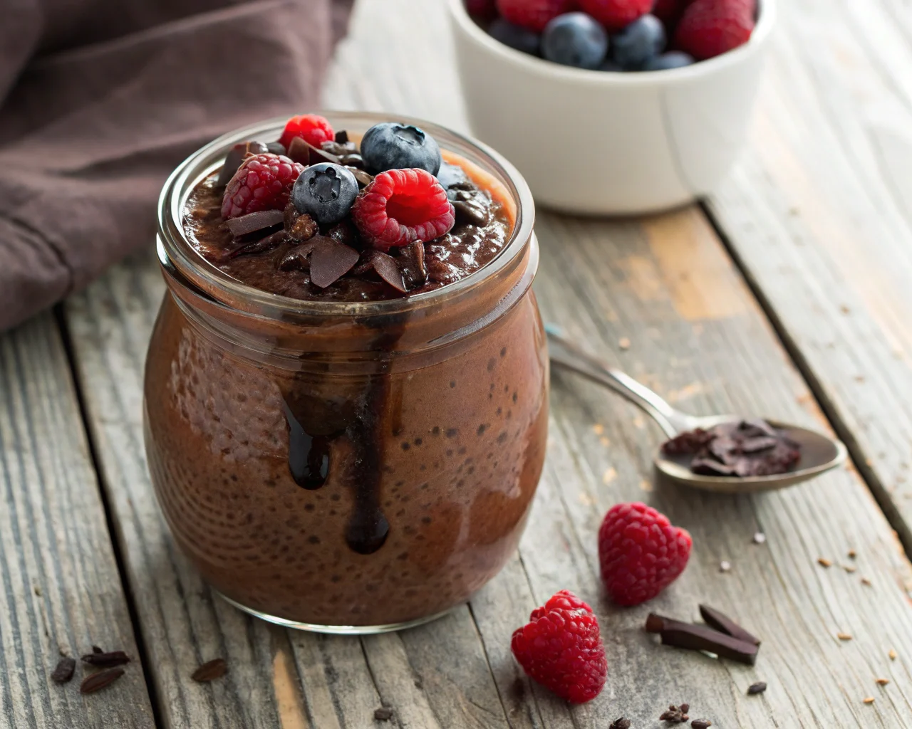 Creamy chocolate chia seed pudding in a glass jar topped with fresh berries and chocolate drizzle on a rustic wooden table.