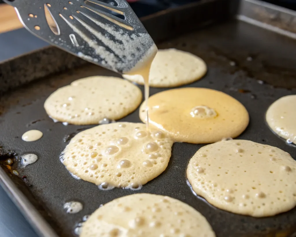 Mini pancake batter being poured onto a non-stick pan with bubbles forming.