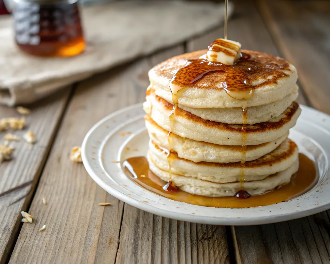 A stack of fluffy golden pancakes topped with syrup on a rustic wooden table.