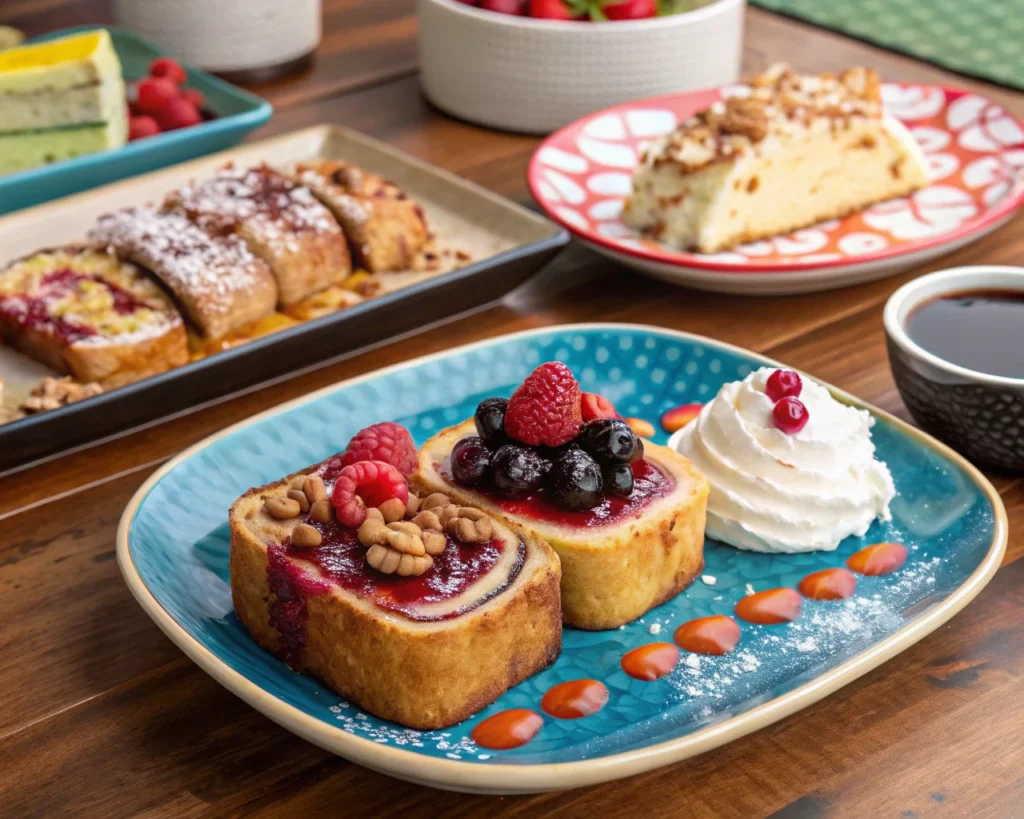 Three variations of Hawaiian roll French toast: stuffed with cream cheese and jam, baked as a casserole, and topped with coconut cream.