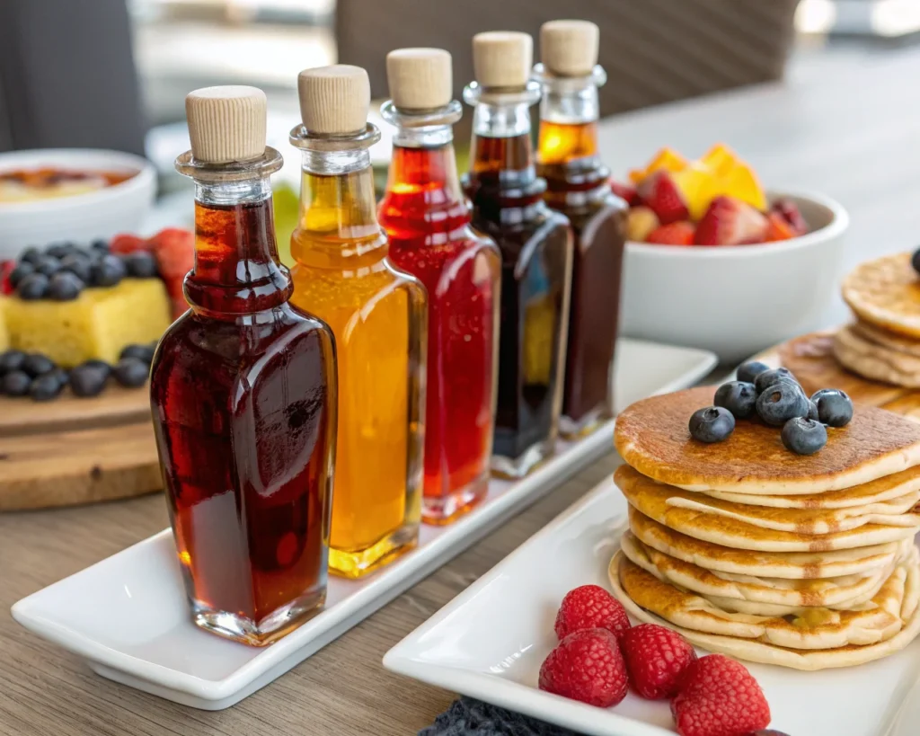 A display of maple, honey, chocolate, caramel, and fruit syrups with pancakes.