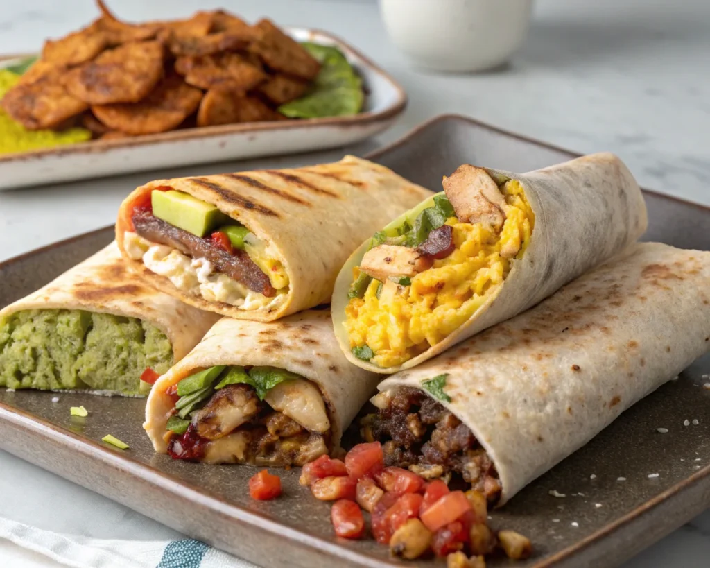 Assorted grilled cheese burritos: spicy, vegan, breakfast, and BBQ chicken styles.