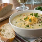 A bowl of 4 ingredient potato soup garnished with shredded cheese and parsley, served with bread on the side.