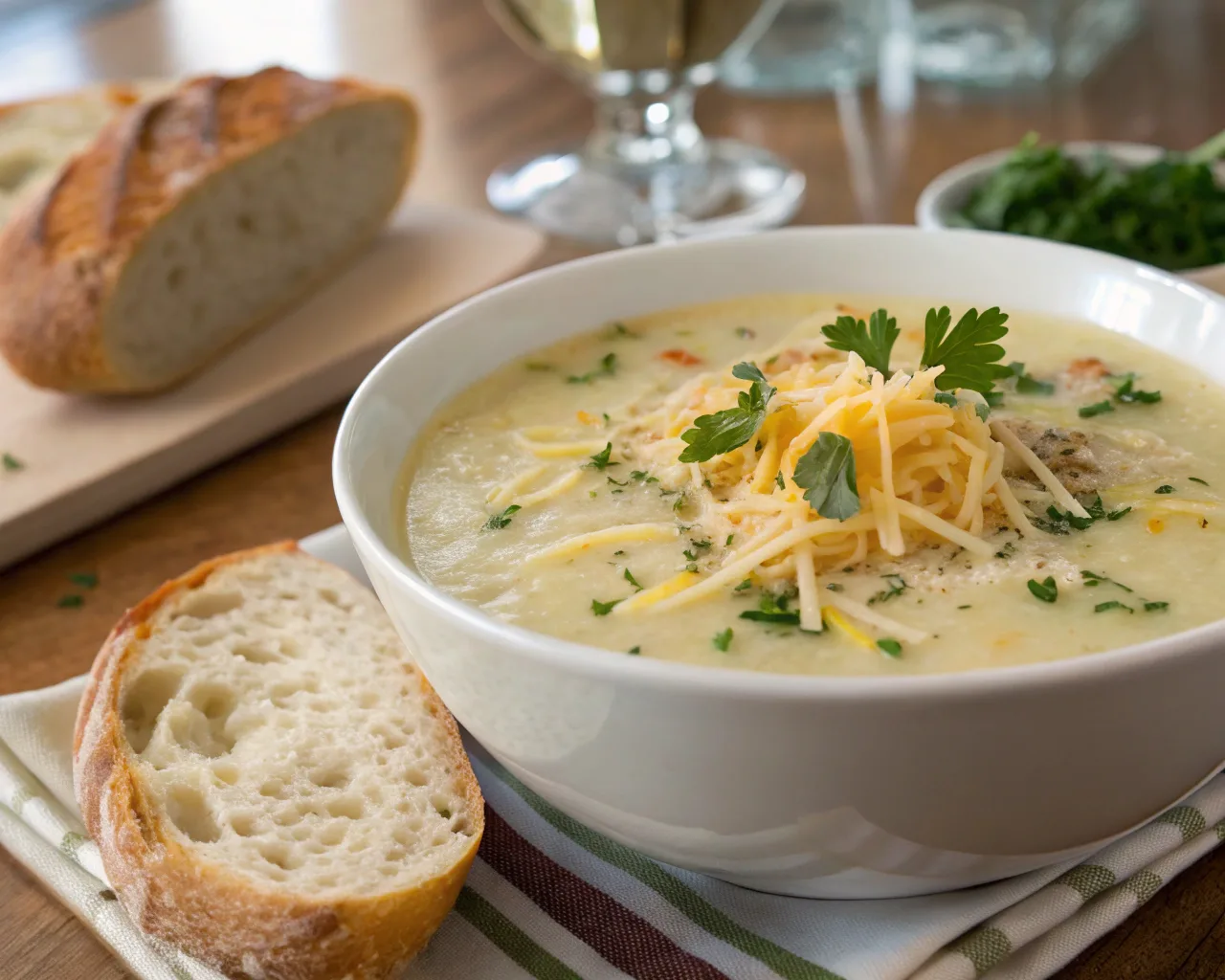 A bowl of 4 ingredient potato soup garnished with shredded cheese and parsley, served with bread on the side.