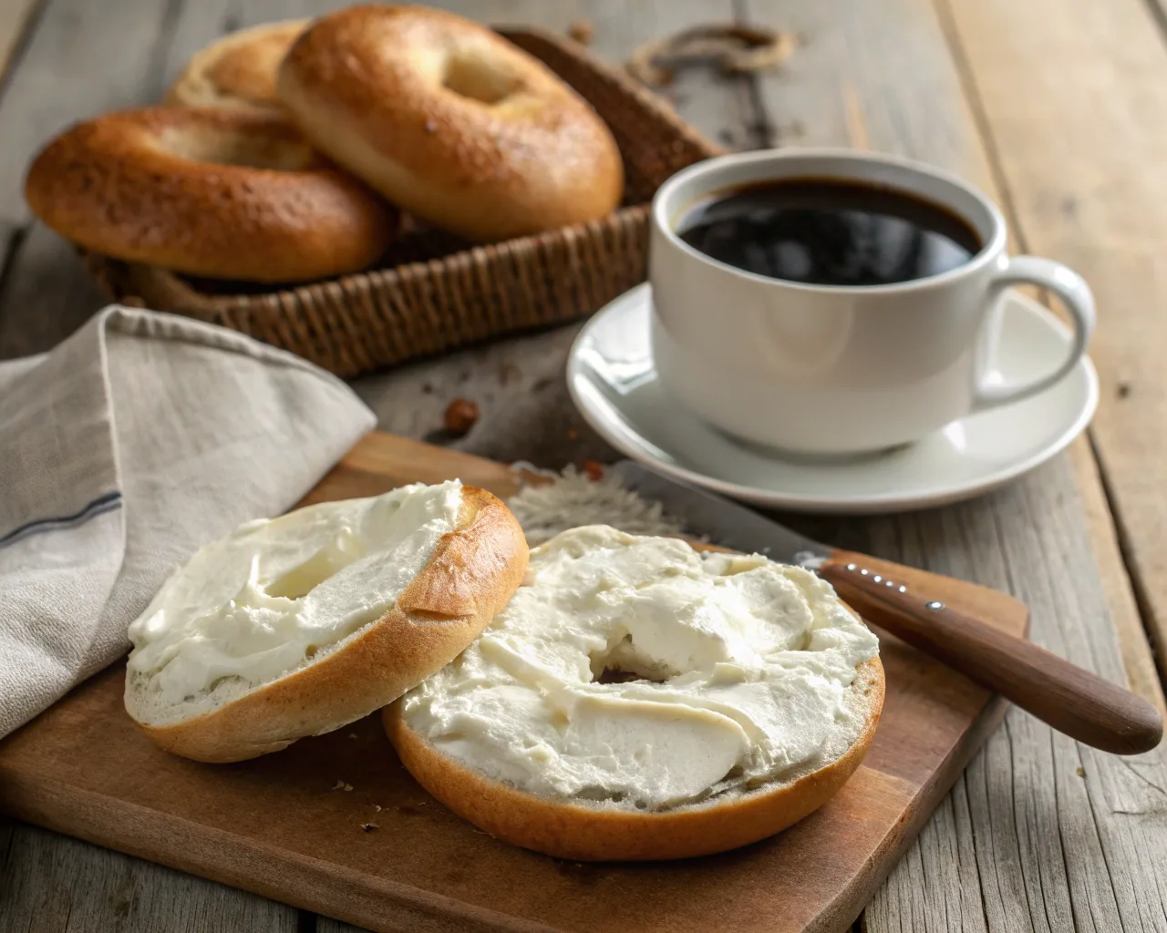 Freshly baked plain bagel sliced with creamy white cream cheese on a rustic wooden table.