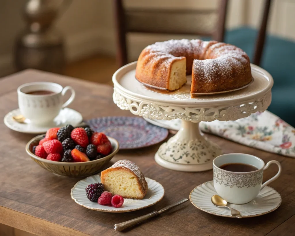 Sliced donut cake on an elegant cake stand with coffee, tea, and fresh berries on a cozy table setting.