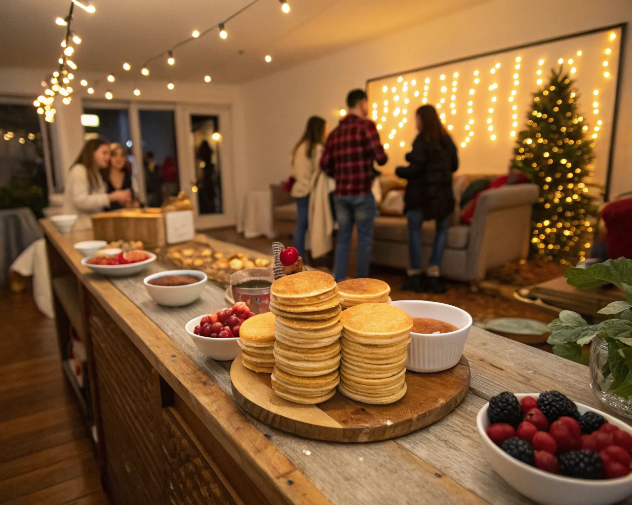 Festive indoor party table with stacks of warm mini pancakes, syrup, and berries.