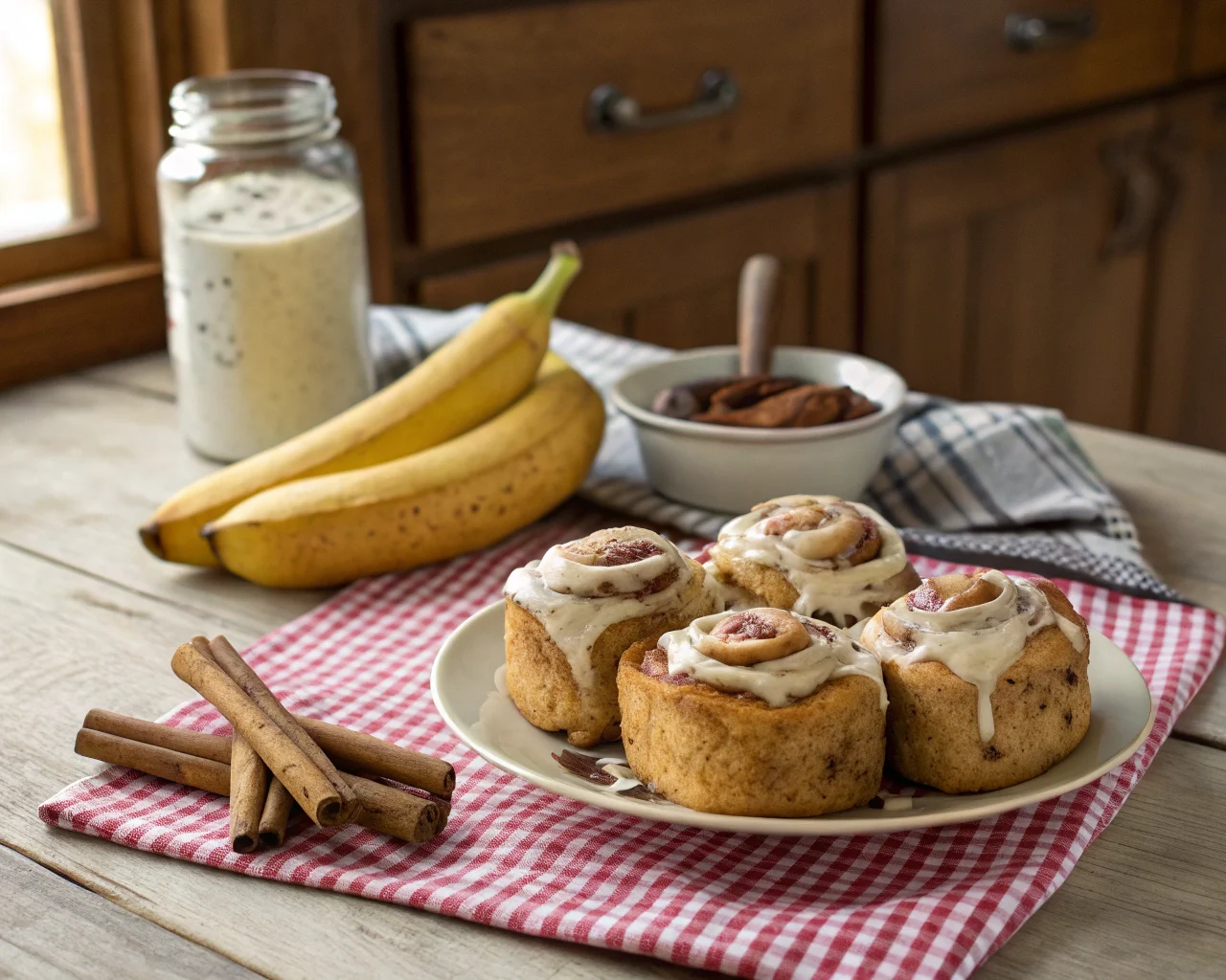 Freshly baked banana bread cinnamon rolls drizzled with cream cheese frosting on a rustic wooden table.