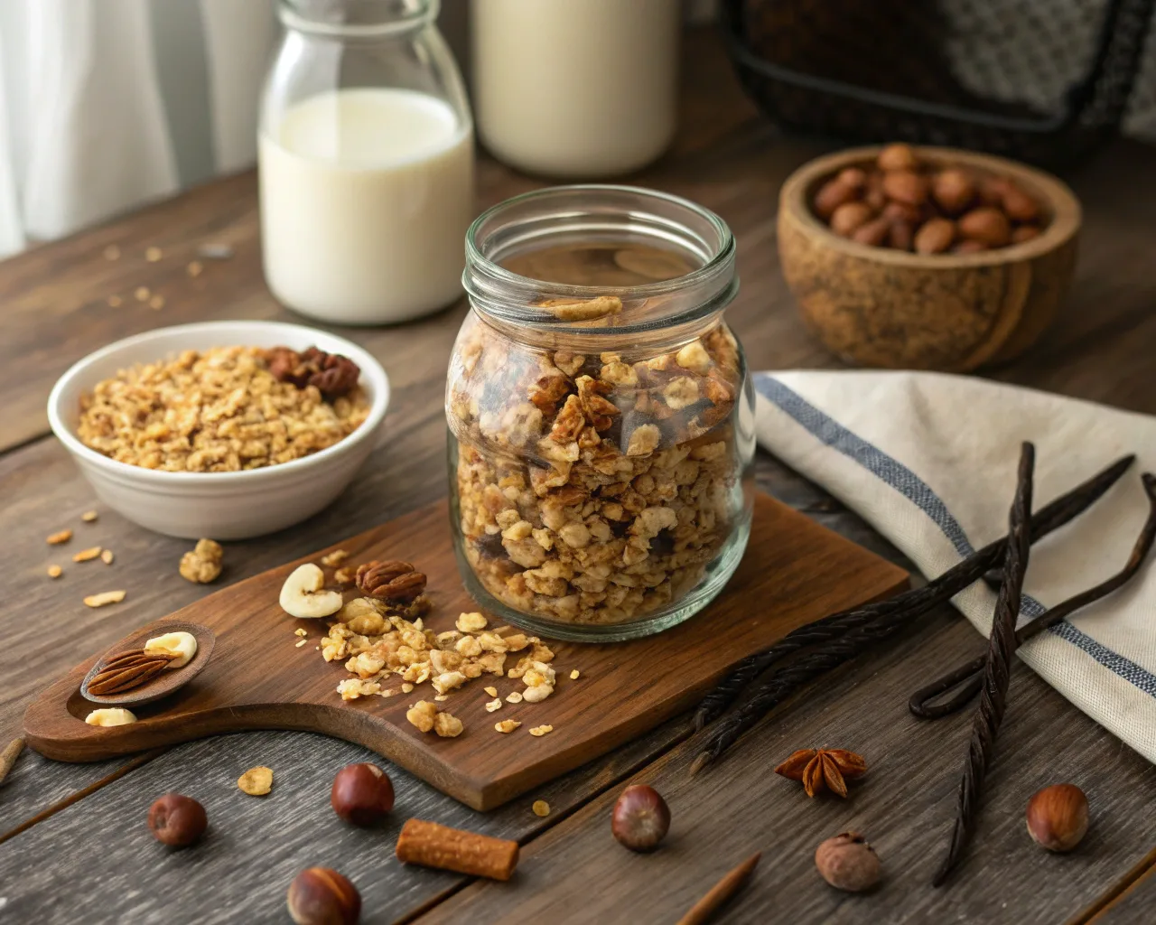 Rustic glass jar of homemade vanilla nut granola spilling onto a wooden table with vanilla pods, nuts, and oats.