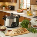 Slow cooker with steam rising, surrounded by fresh chicken tenders, herbs, and spices in a warm kitchen.