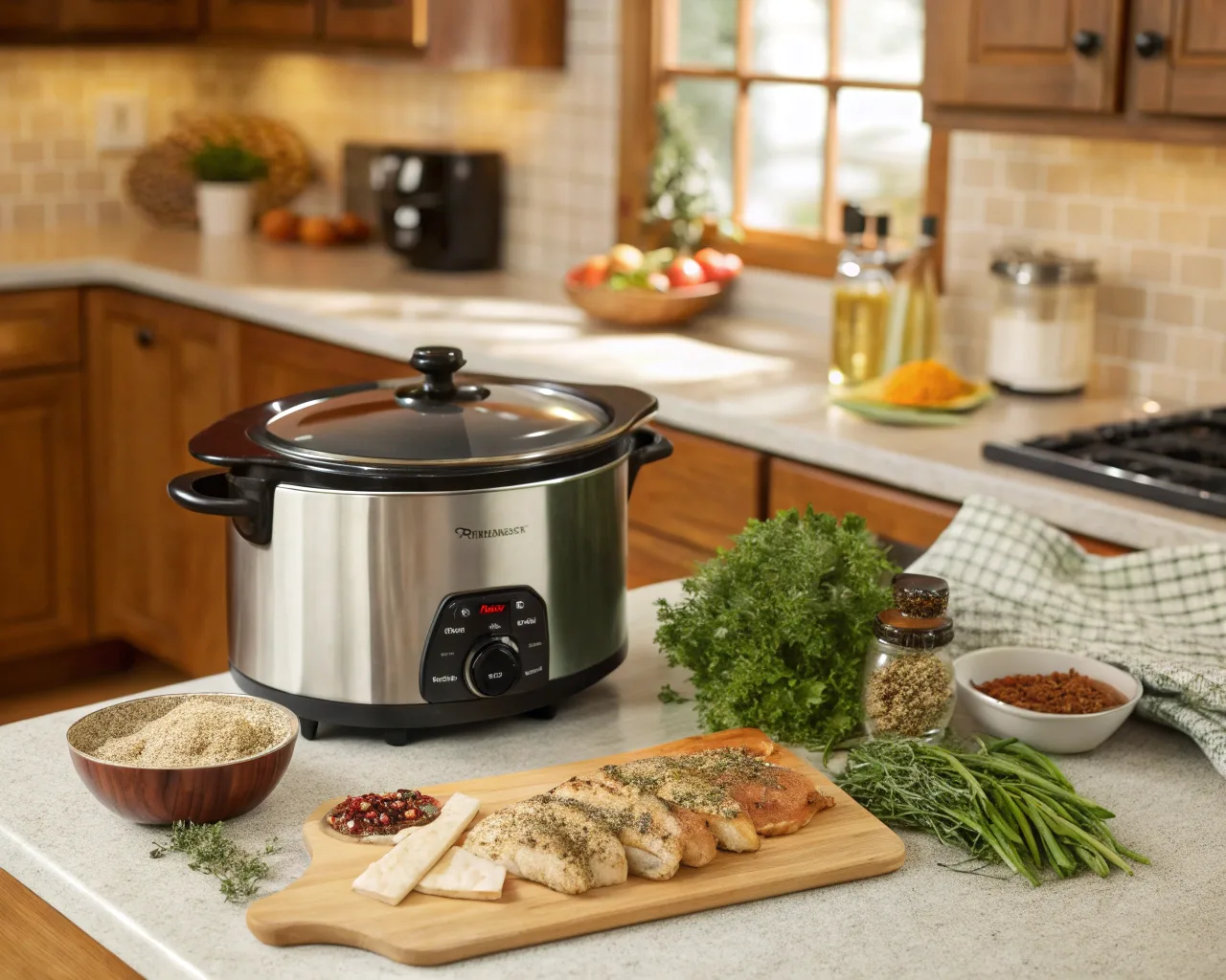 Slow cooker with steam rising, surrounded by fresh chicken tenders, herbs, and spices in a warm kitchen.