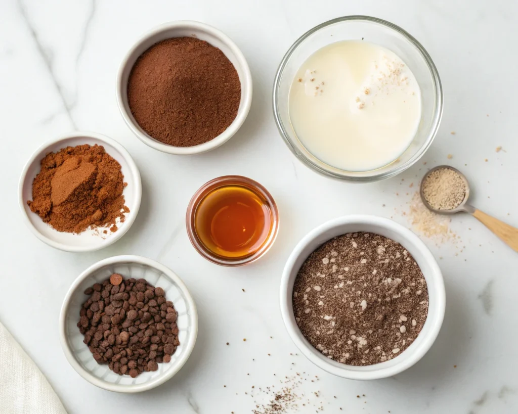 Step-by-step preparation of chocolate chia seed pudding with ingredients, mixing, and chilling in jars.