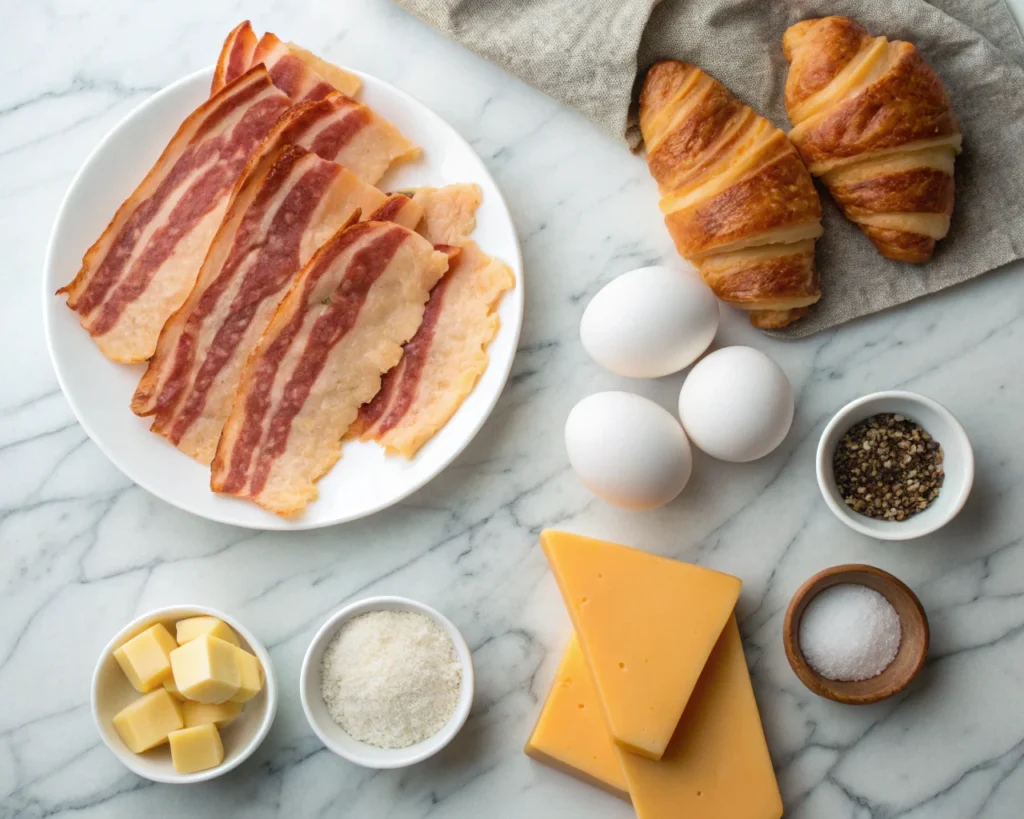 Ingredients for bacon egg and cheese croissant: crispy bacon, fresh eggs, cheddar cheese, and buttery croissants on a marble counter.