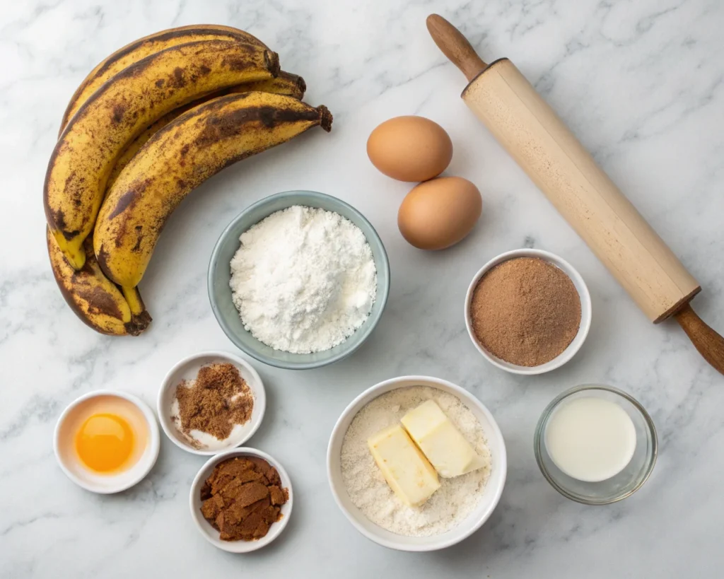 Flat lay of ingredients for banana bread cinnamon rolls, including bananas, flour, eggs, butter, and cinnamon on a marble surface.