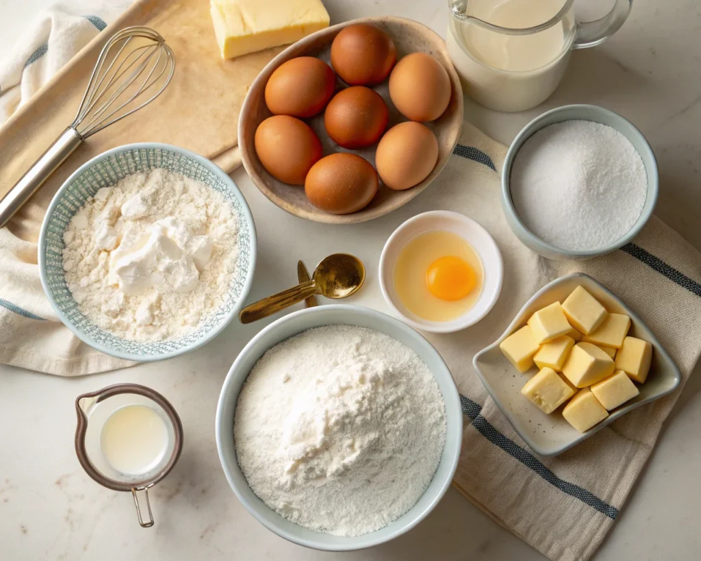 Flat lay of fresh ingredients for a donut cake including flour, sugar, eggs, butter, milk, and vanilla extract on a kitchen counter.