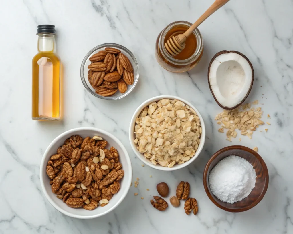 Flat lay of rolled oats, mixed nuts, vanilla extract, honey, and coconut oil on a marble countertop.