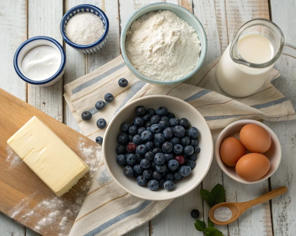 Flat lay of fresh ingredients for mini blueberry muffins, including flour, sugar, butter, eggs, blueberries, and milk.