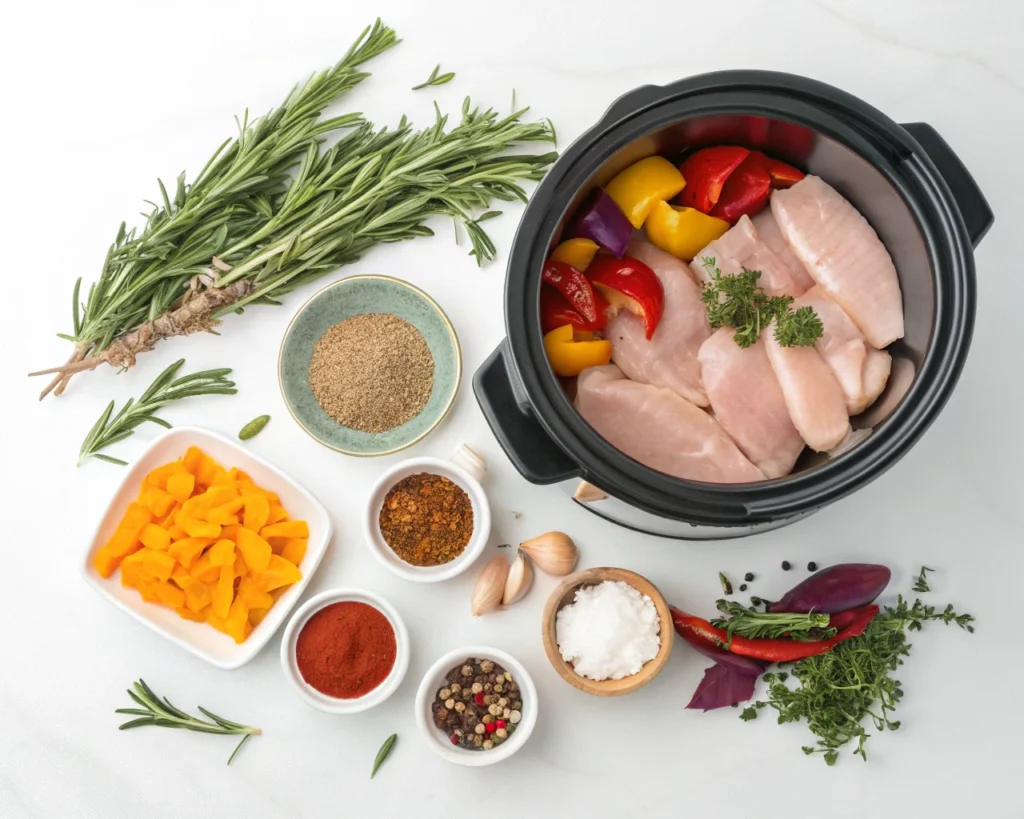 Juicy chicken tenders shredded with a fork, alongside a timer, slow cooker, and cost-effective ingredients.