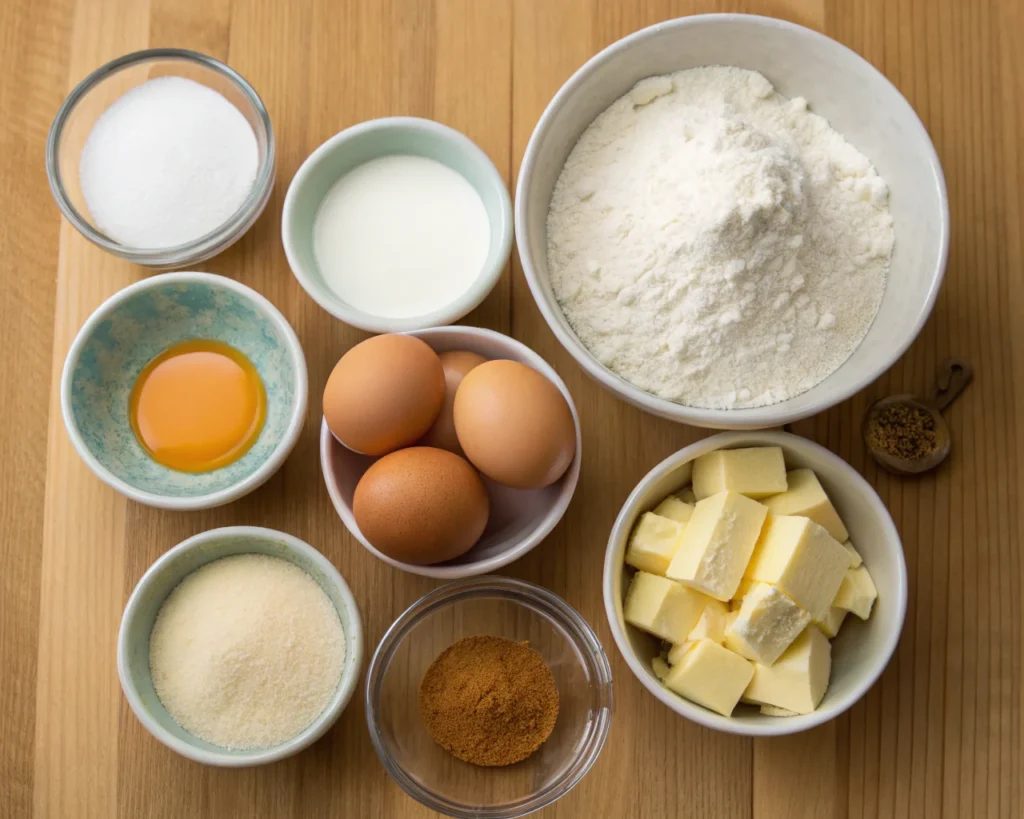 Fresh ingredients for mini pancakes: flour, eggs, milk, sugar, baking powder, butter, and salt on a wooden countertop.