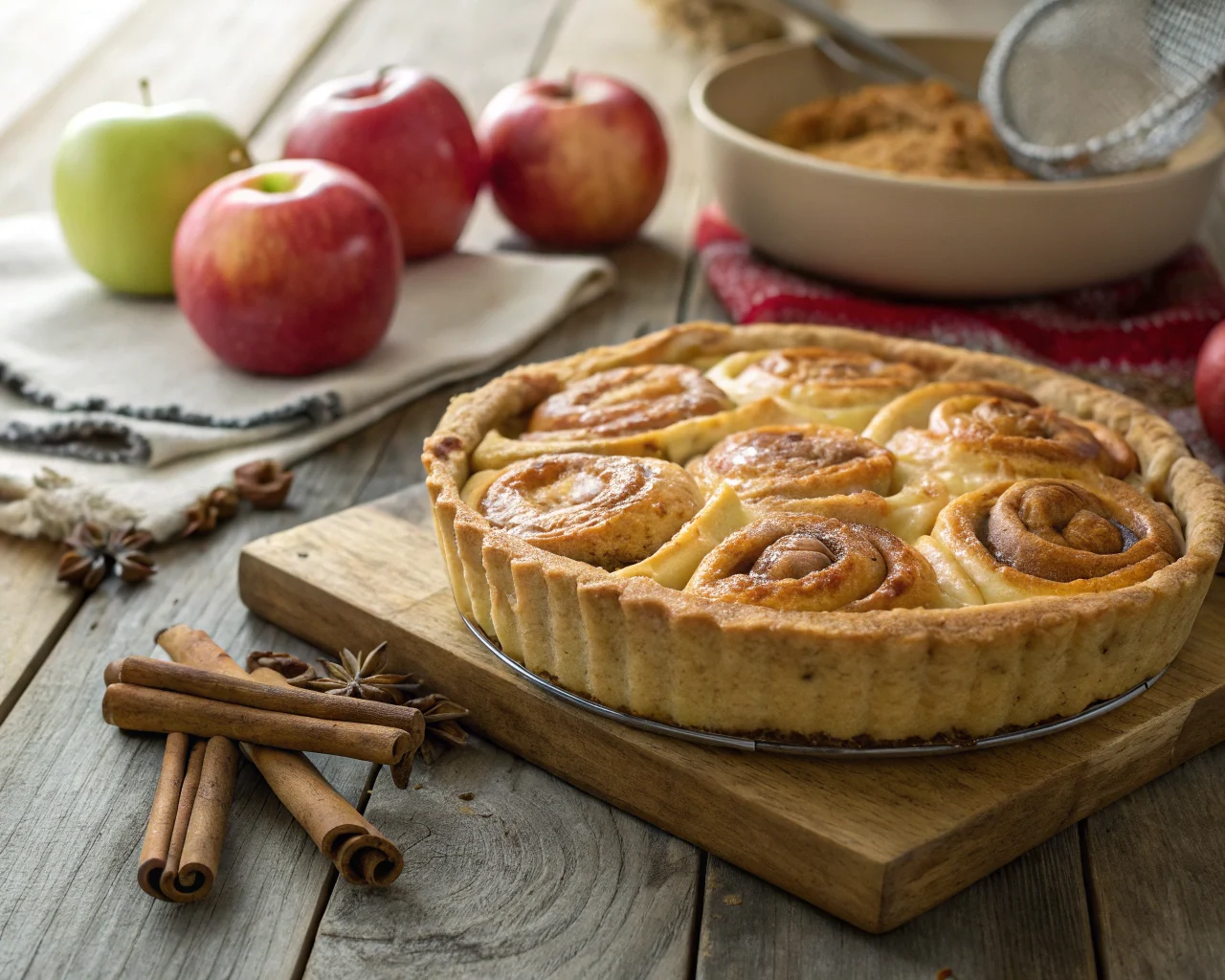 Freshly baked cinnamon roll apple pie with golden crust and apple filling on a rustic wooden table.