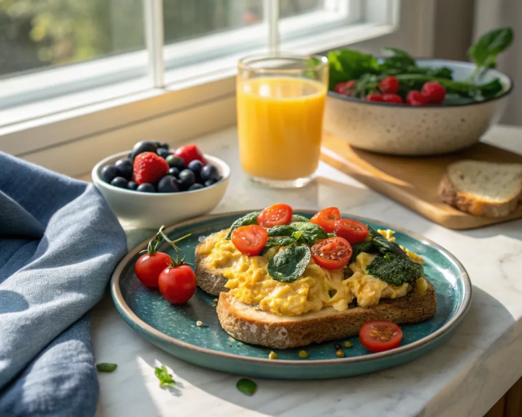 Scrambled egg toast with cream cheese, spinach, and tomatoes, served with orange juice and berries.