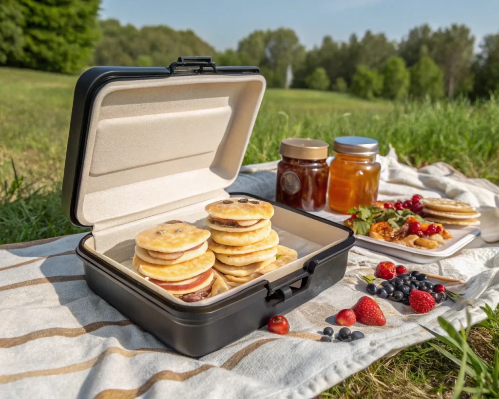 Mini pancakes stored in a thermal insulated food container with parchment layers.