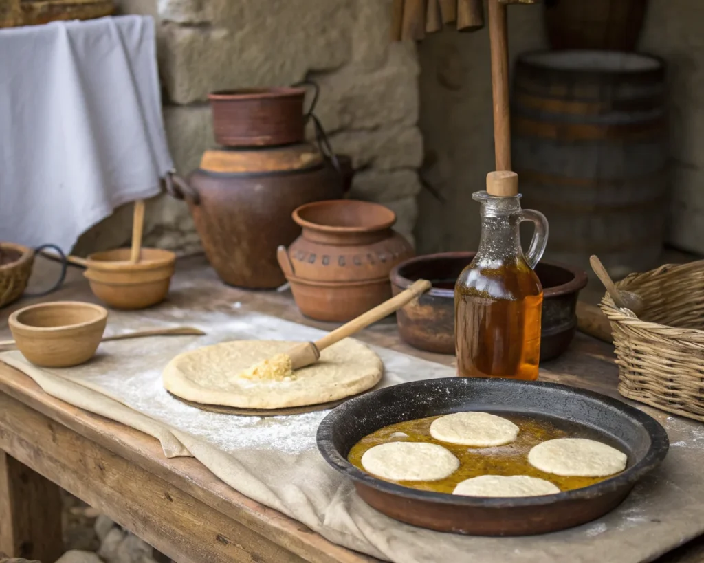 Ancient Roman-style pancakes cooked with wheat flour, olive oil, and honey, paired with a bottle of maple syrup