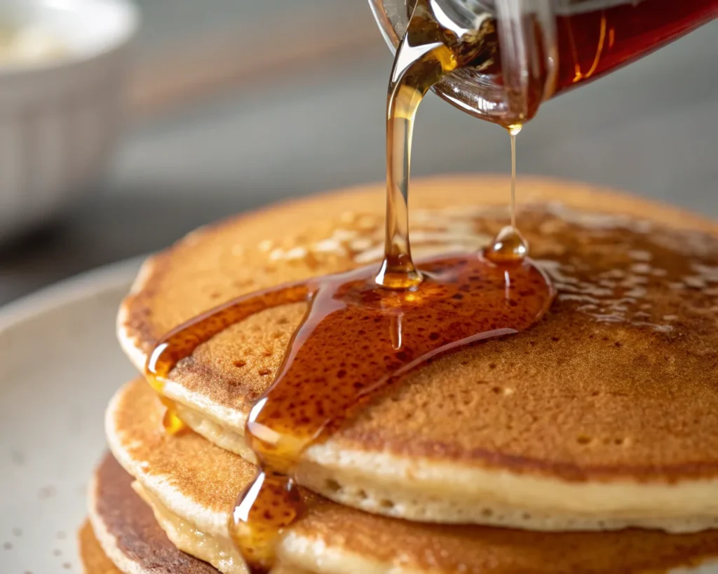 Syrup dripping onto a pancake, highlighting its absorption and texture.