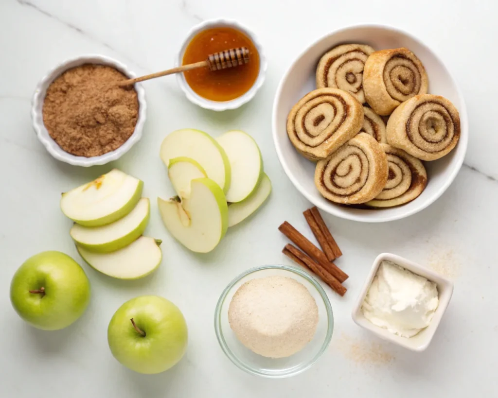 Flat lay of ingredients for cinnamon roll apple pie, including apples, cinnamon rolls, sugars, spices, and butter.