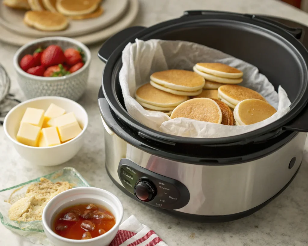 Mini pancakes stacked in a slow cooker lined with parchment paper.