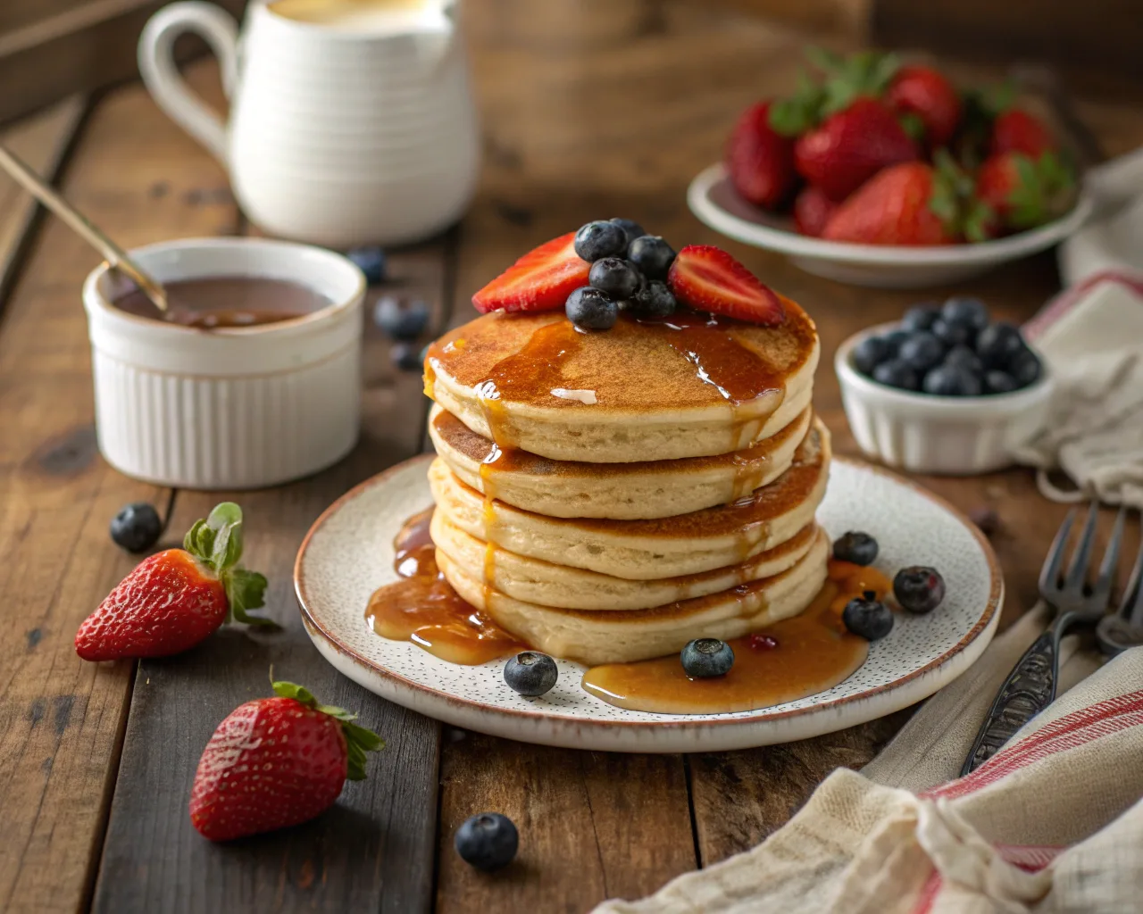 A stack of fluffy pancakes topped with maple syrup, fresh strawberries, and blueberries on a rustic table.