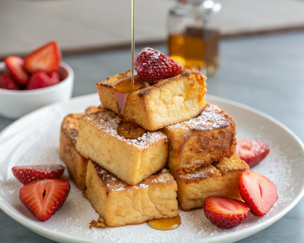 Golden-brown Hawaiian roll French toast topped with powdered sugar and maple syrup, garnished with fresh strawberries.